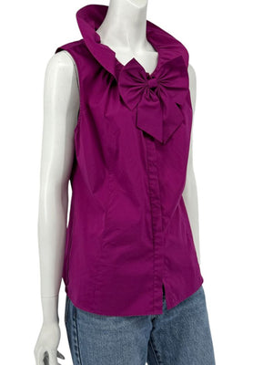 Lafayette 148 New York Sleeveless Cotton Poplin Bow-Collar Blouse – Size 12