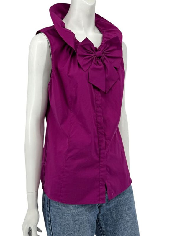 Lafayette 148 New York Sleeveless Cotton Poplin Bow-Collar Blouse – Size 12