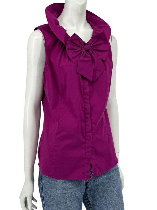 Lafayette 148 New York Sleeveless Cotton Poplin Bow-Collar Blouse – Size 12
