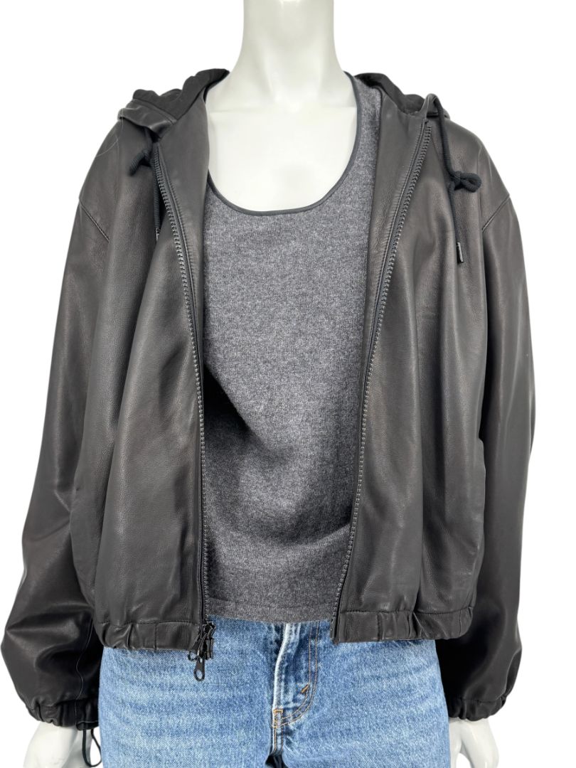 Vince Black Lambskin Leather Hooded Zip Front Jacket Size Medium