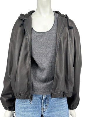 Vince Black Lambskin Leather Hooded Zip Front Jacket Size Medium