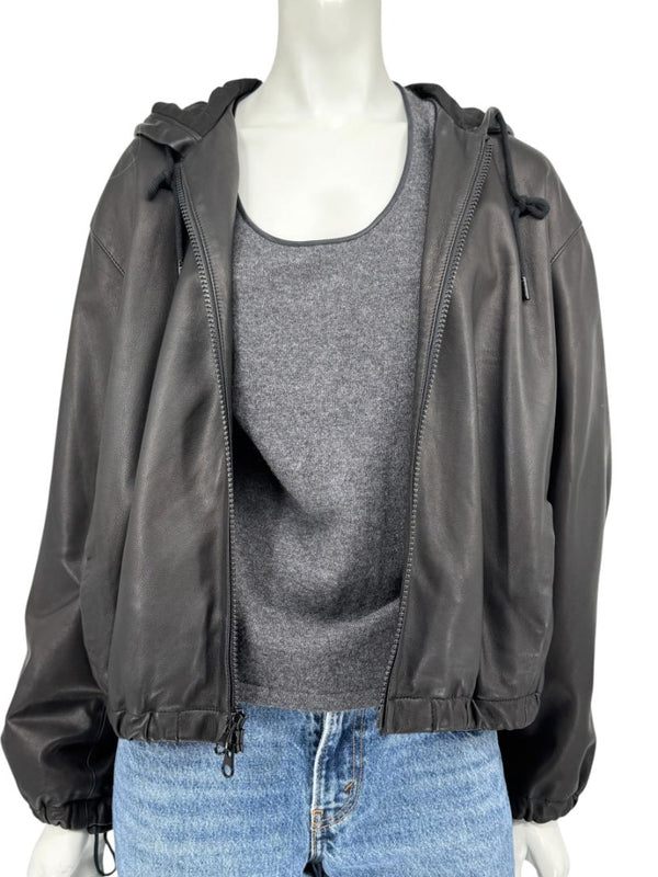 Vince Black Lambskin Leather Hooded Zip Front Jacket Size Medium