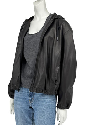 Vince Black Lambskin Leather Hooded Zip Front Jacket Size Medium