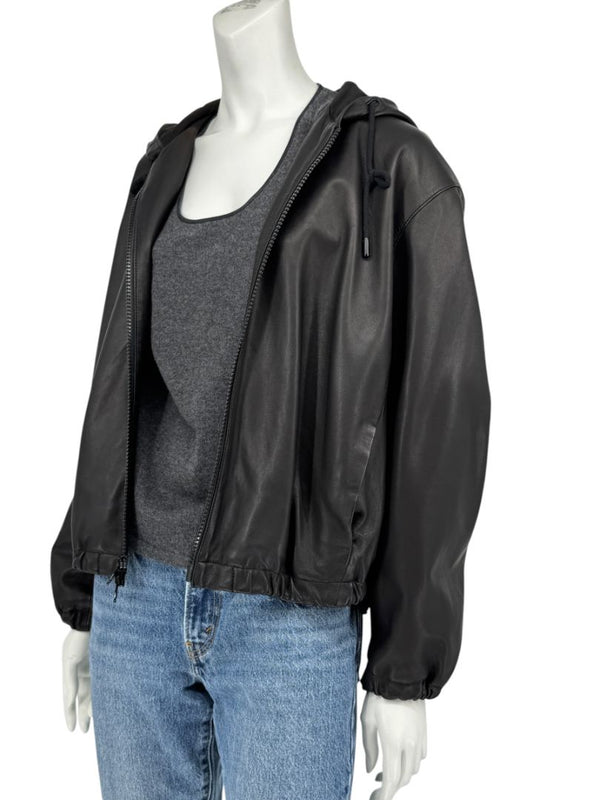 Vince Black Lambskin Leather Hooded Zip Front Jacket Size Medium
