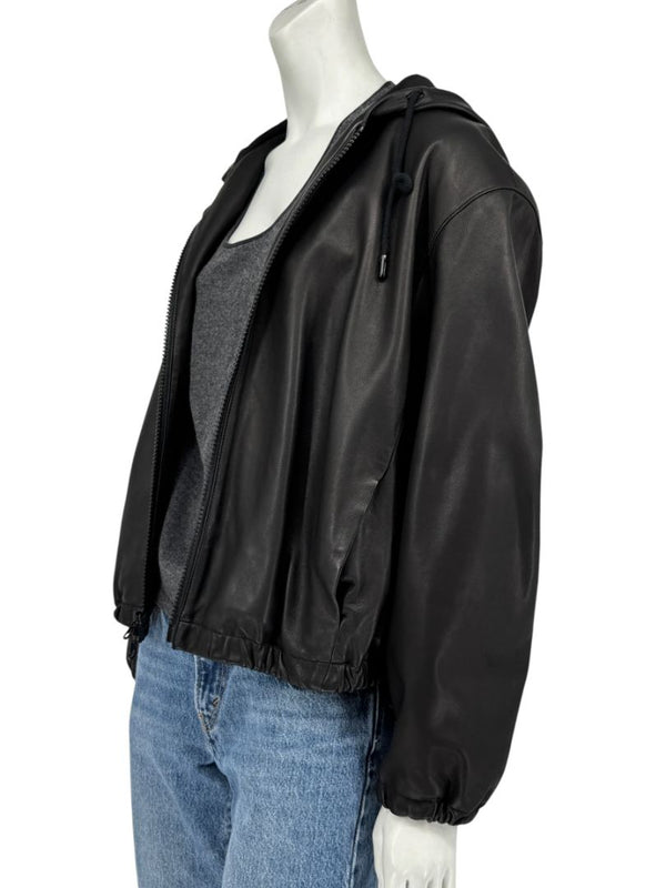 Vince Black Lambskin Leather Hooded Zip Front Jacket Size Medium