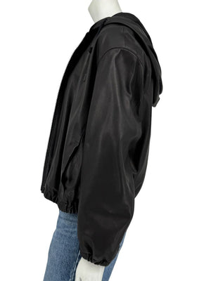 Vince Black Lambskin Leather Hooded Zip Front Jacket Size Medium