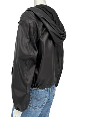 Vince Black Lambskin Leather Hooded Zip Front Jacket Size Medium