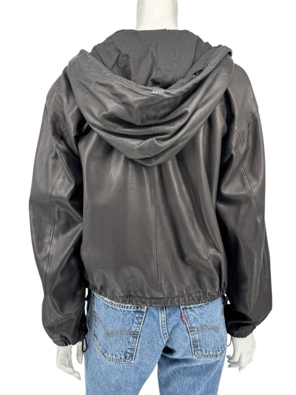 Vince Black Lambskin Leather Hooded Zip Front Jacket Size Medium