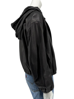 Vince Black Lambskin Leather Hooded Zip Front Jacket Size Medium
