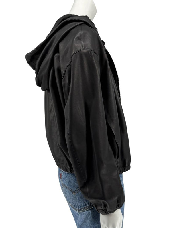 Vince Black Lambskin Leather Hooded Zip Front Jacket Size Medium
