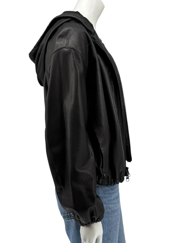 Vince Black Lambskin Leather Hooded Zip Front Jacket Size Medium