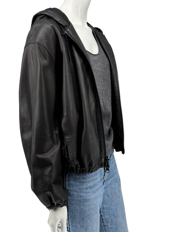 Vince Black Lambskin Leather Hooded Zip Front Jacket Size Medium