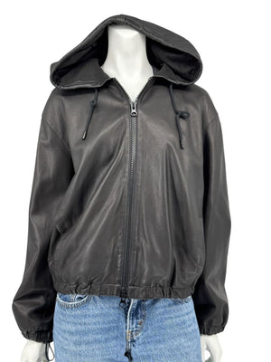 Vince Black Lambskin Leather Hooded Zip Front Jacket Size Medium