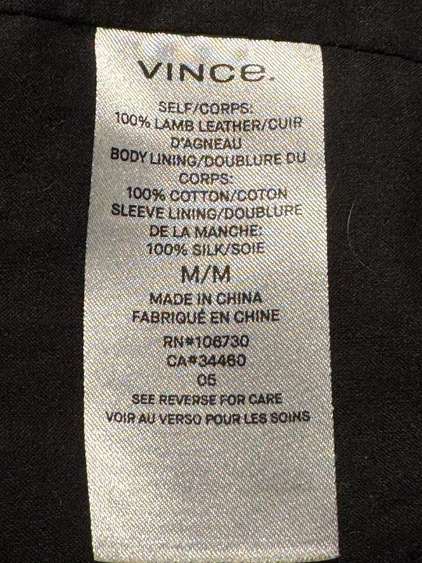 Vince Black Lambskin Leather Hooded Zip Front Jacket Size Medium