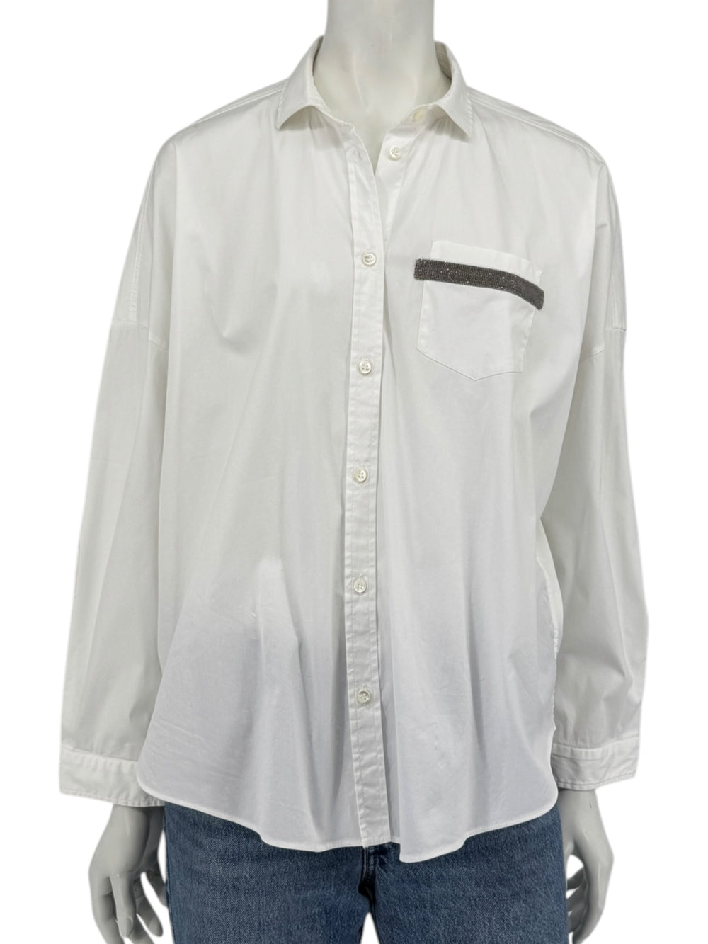 Brunello Cucinelli White Monili Trim Oversized Cotton Button-Front Shirt L