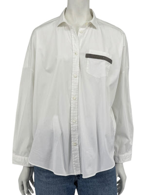 Brunello Cucinelli White Monili Trim Oversized Cotton Button-Front Shirt L