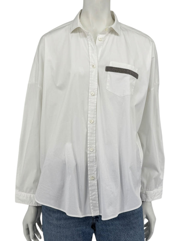 Brunello Cucinelli White Monili Trim Oversized Cotton Button-Front Shirt L