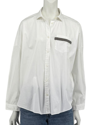 Brunello Cucinelli White Monili Trim Oversized Cotton Button-Front Shirt L