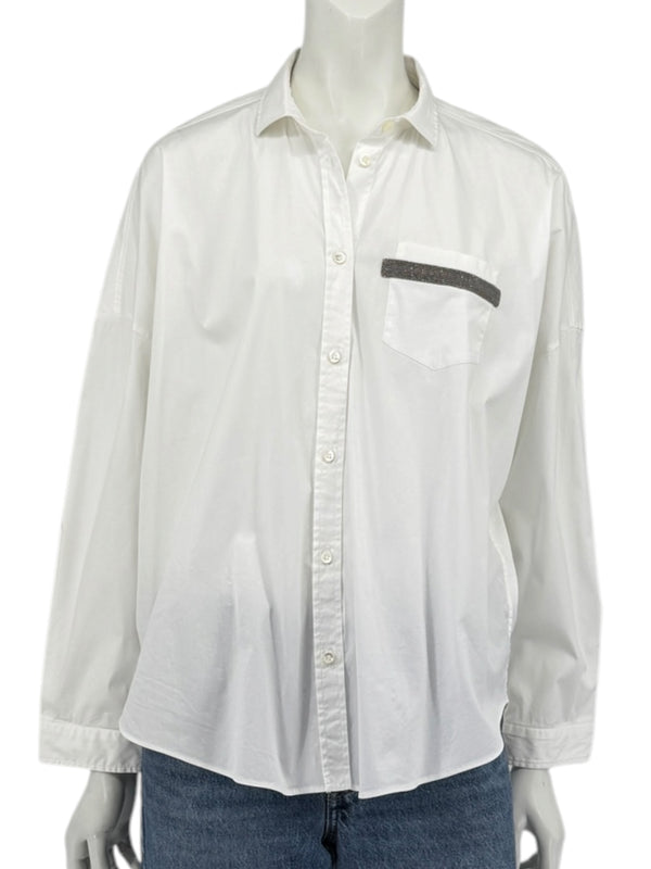 Brunello Cucinelli White Monili Trim Oversized Cotton Button-Front Shirt L