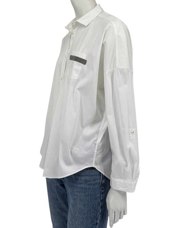 Brunello Cucinelli White Monili Trim Oversized Cotton Button-Front Shirt L