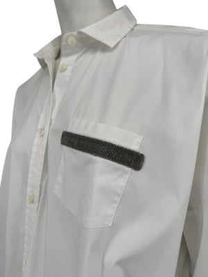 Brunello Cucinelli White Monili Trim Oversized Cotton Button-Front Shirt L