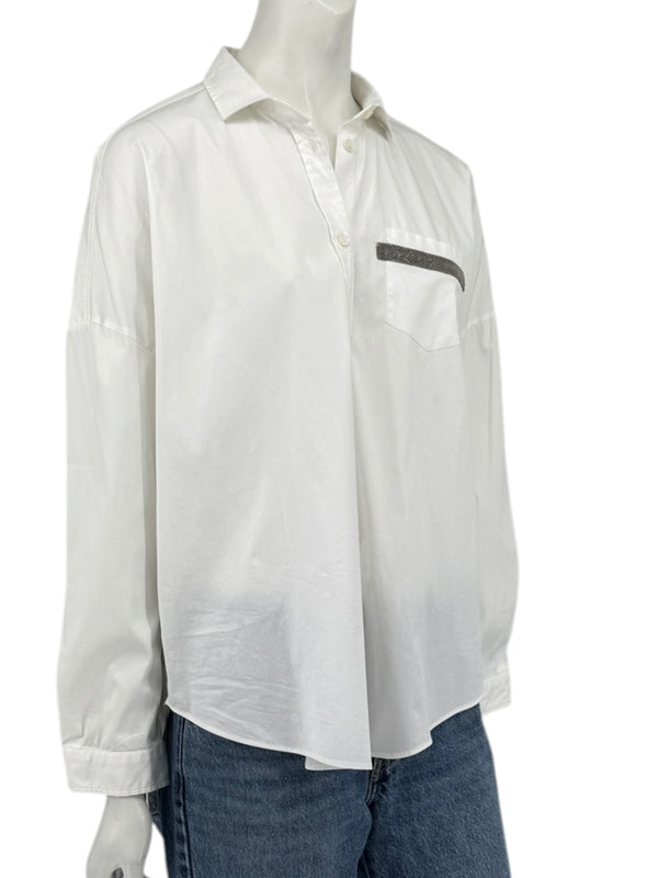 Brunello Cucinelli White Monili Trim Oversized Cotton Button-Front Shirt L