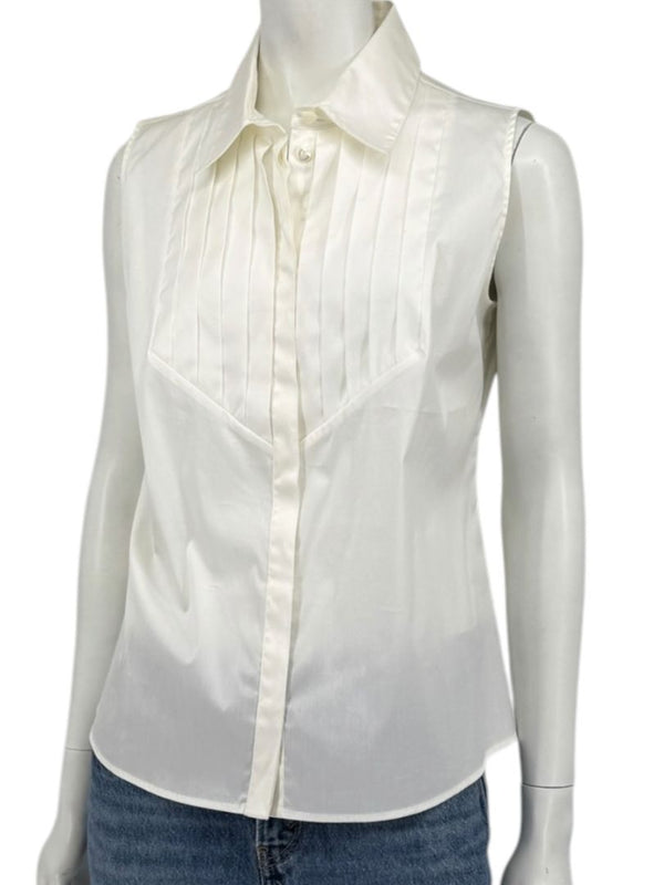 Armani Collezioni Sleeveless Tuxedo Bib Blouse – Ivory White | Size 10 (IT 46)