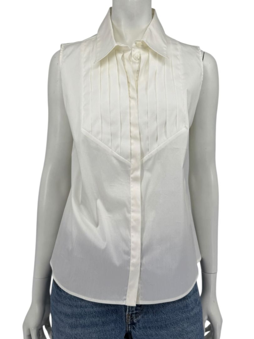 Armani Collezioni Sleeveless Tuxedo Bib Blouse – Ivory White | Size 10 (IT 46)