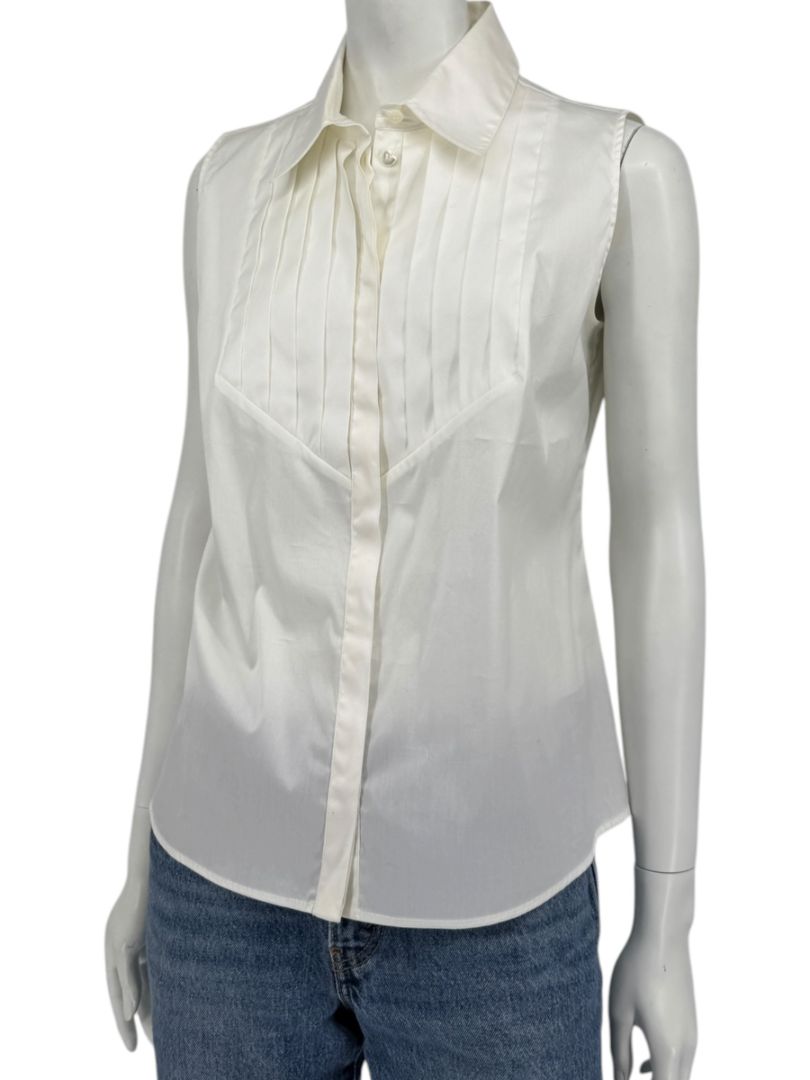 Armani Collezioni Sleeveless Tuxedo Bib Blouse – Ivory White | Size 10 (IT 46)