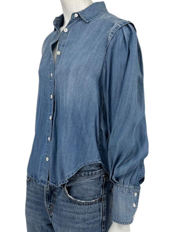 FRAME Kent Chambray Puff Sleeve Tencel Denim Blouse XS