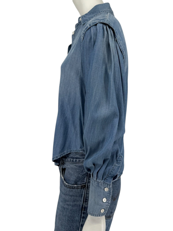 FRAME Kent Chambray Puff Sleeve Tencel Denim Blouse XS