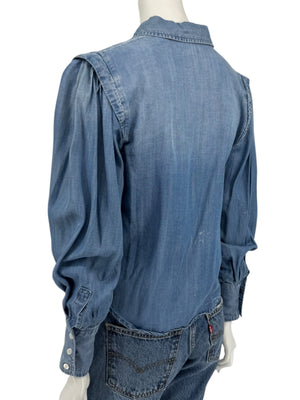 FRAME Kent Chambray Puff Sleeve Tencel Denim Blouse XS