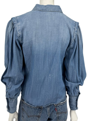 FRAME Kent Chambray Puff Sleeve Tencel Denim Blouse XS