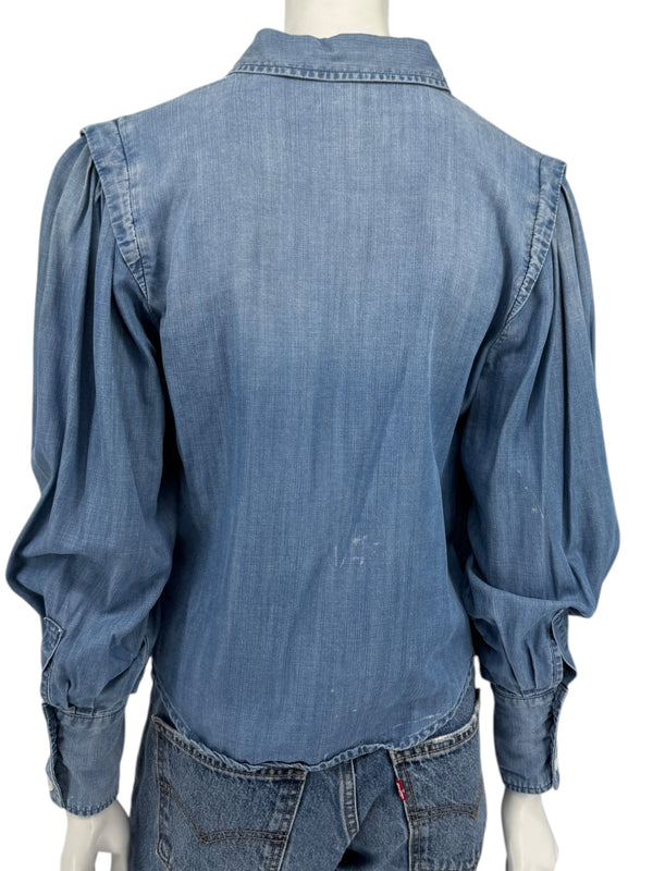 FRAME Kent Chambray Puff Sleeve Tencel Denim Blouse XS