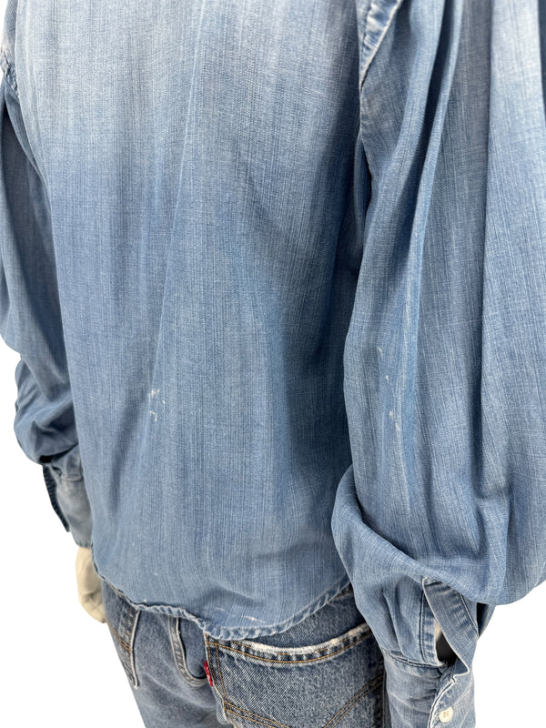 FRAME Kent Chambray Puff Sleeve Tencel Denim Blouse XS