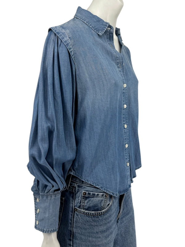 FRAME Kent Chambray Puff Sleeve Tencel Denim Blouse XS
