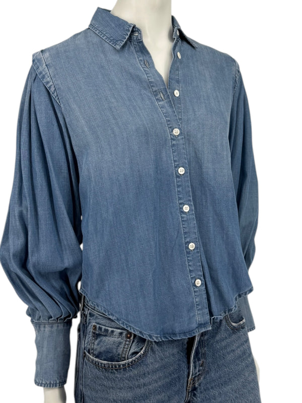 FRAME Kent Chambray Puff Sleeve Tencel Denim Blouse XS