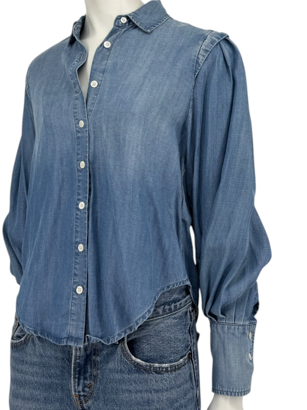 FRAME Kent Chambray Puff Sleeve Tencel Denim Blouse XS
