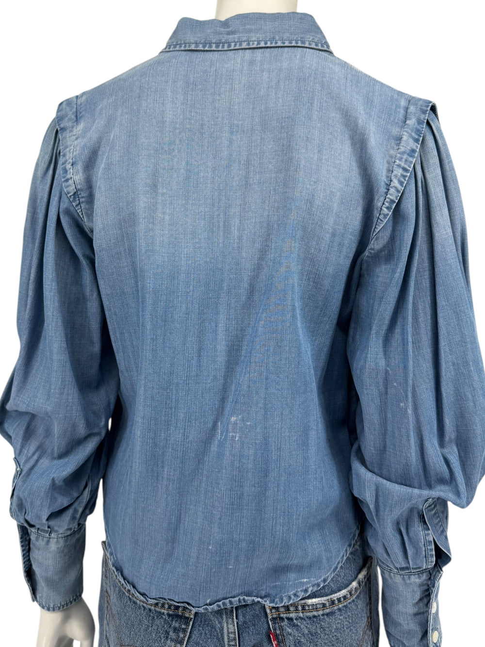 FRAME Kent Chambray Puff Sleeve Tencel Denim Blouse XS