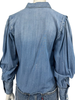 FRAME Kent Chambray Puff Sleeve Tencel Denim Blouse XS