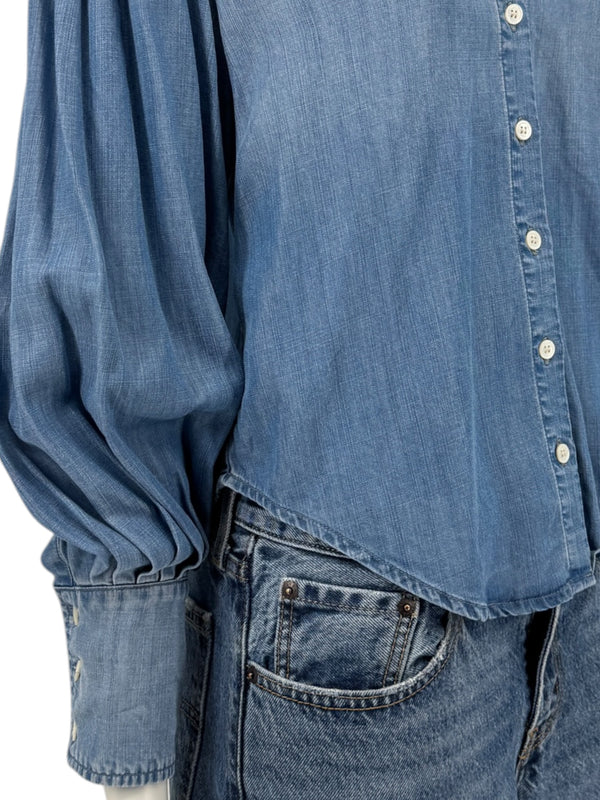 FRAME Kent Chambray Puff Sleeve Tencel Denim Blouse XS