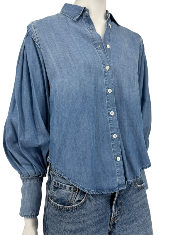 FRAME Kent Chambray Puff Sleeve Tencel Denim Blouse XS