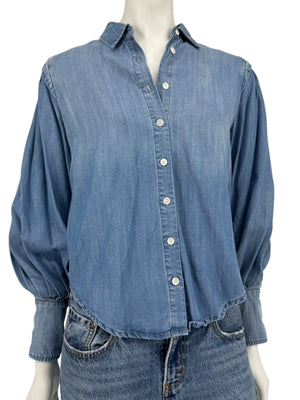 FRAME Kent Chambray Puff Sleeve Tencel Denim Blouse XS