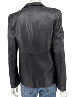 DKNY Black Genuine Leather Blazer Jacket Size 6 Tailored Notch Lapel Soft Leather