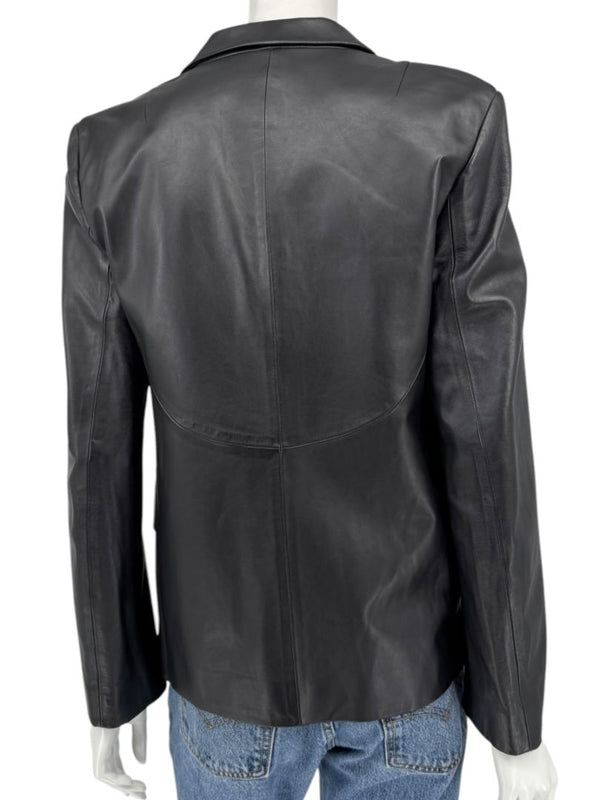 DKNY Black Genuine Leather Blazer Jacket Size 6 Tailored Notch Lapel Soft Leather