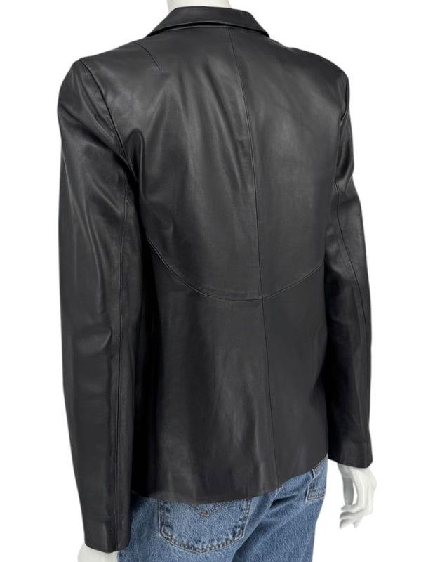 DKNY Black Genuine Leather Blazer Jacket Size 6 Tailored Notch Lapel Soft Leather