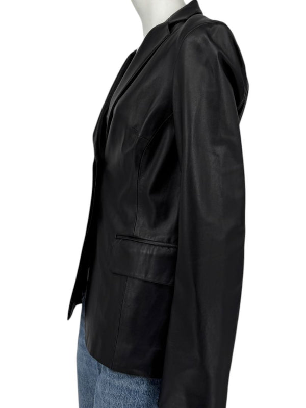 DKNY Black Genuine Leather Blazer Jacket Size 6 Tailored Notch Lapel Soft Leather