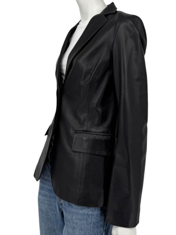 DKNY Black Genuine Leather Blazer Jacket Size 6 Tailored Notch Lapel Soft Leather