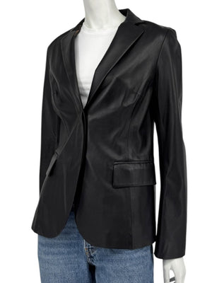 DKNY Black Genuine Leather Blazer Jacket Size 6 Tailored Notch Lapel Soft Leather