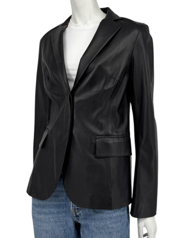 DKNY Black Genuine Leather Blazer Jacket Size 6 Tailored Notch Lapel Soft Leather